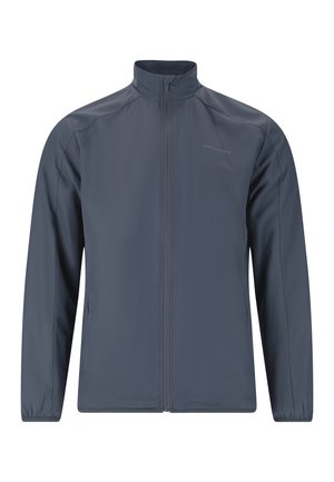 Marineblå jakke med lynlås, høj krave, lange ærmer, elastiske manchetter og sidelommer med lynlås, med diskret "Endurance"-mærkning på brystet.