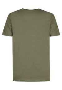 T-shirt in cotone verde oliva con maniche corte e collo rotondo; texture liscia e orlo dritto senza alcun disegno o decorazione visibile.