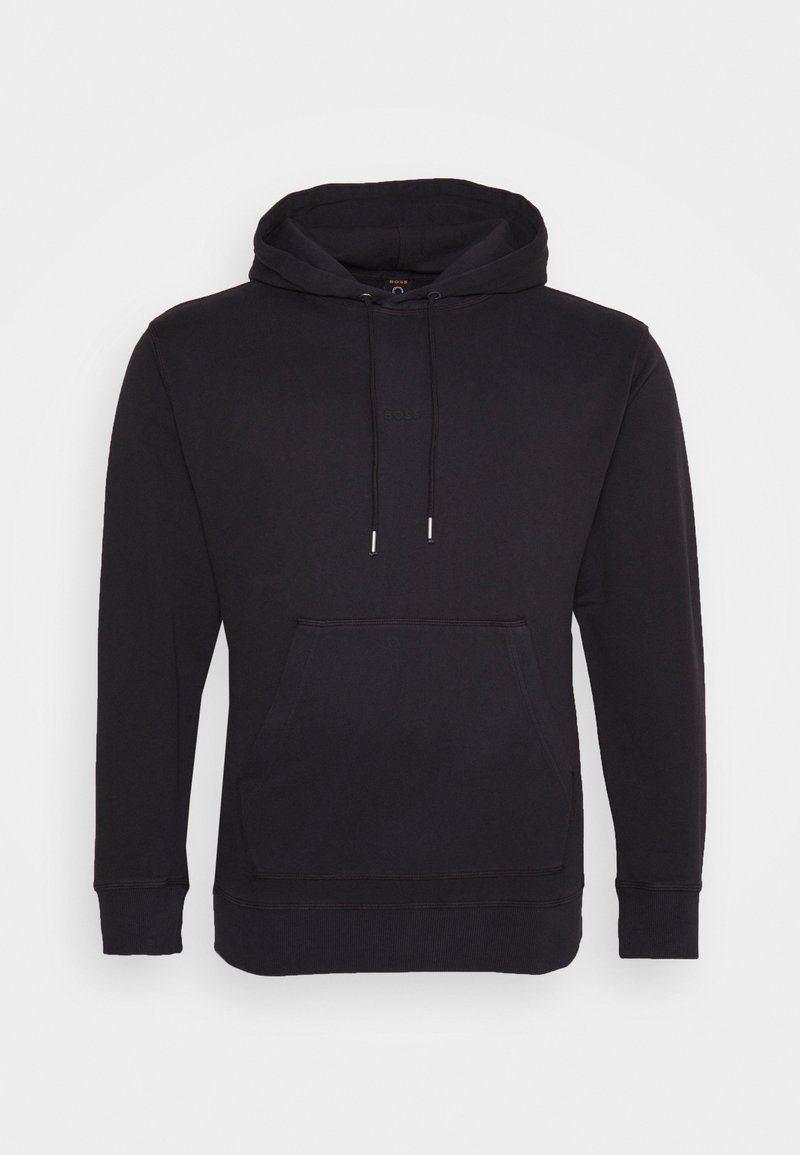 Sweat à capuche noir avec poche kangourou à l’avant et cordons, manches longues, poignets et bas côtelés.