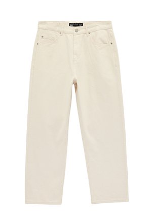 Gebroken wit recht gesneden spijkerbroek met vijf zakken, een knoopsluiting en riemlussen, gelabeld als Katoo Jeans in maat W 32 L 32.