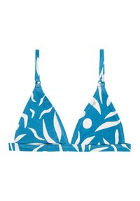 Top triangolo in tessuto blu con motivi astratti a foglia bianchi. Presenta spalline regolabili e un ampio sottofascia.