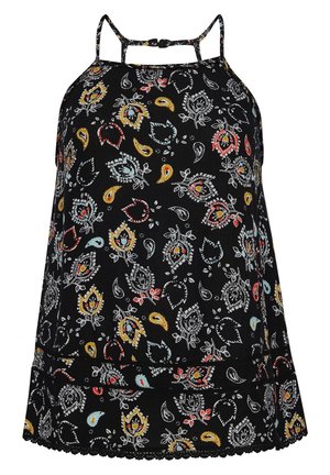 Sort ærmeløs top med tynde stropper, med et farverigt paisley-mønster i rød, gul, blå og hvid, med blonderkant forneden.