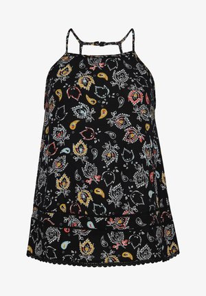 Zwart mouwloos topje met dunne bandjes, voorzien van een kleurrijk paisleypatroon in rood, geel, blauw en wit, met een kanten randje aan de zoom.