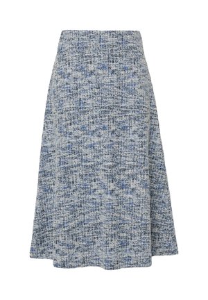 Spódnica o linii A sięgająca do kolan, z niebieskim, szarym i czarnym wzorem tweedowym oraz dopasowanym pasem w talii.