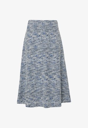 Knie-lange A-lijn rok met een blauw, grijs en zwart pied-de-poule patroon en een aangesloten tailleband.