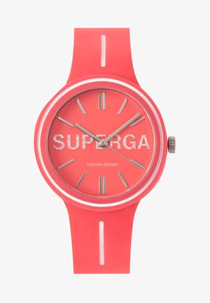 Rote Silikon-Uhr mit rundem Ziffernblatt, silbernen Stundenmarkierungen und dem "SUPERGA"-Logo in Glitzer. Glatte Oberfläche, minimalistisches Design.