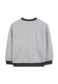 Sweatshirt gris à manches longues, avec un col et des poignets côtelés gris foncé. Texture lisse, sans motifs ni éléments métalliques visibles.