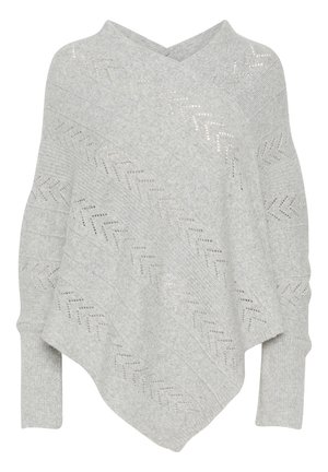 Poncho tricoté gris clair avec des motifs en chevrons en openwork et des manches longues côtelées.