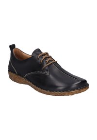 Scarpe in pelle nera con finitura liscia, punta rotonda, lacci marroni, cuciture a contrasto e suola texturizzata marrone.