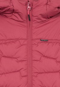 Veste rose rembourrée avec une fermeture éclair à l'avant, présentant une texture subtile et des coutures verticales. Comprend une capuche avec des cordons de serrage réglables.