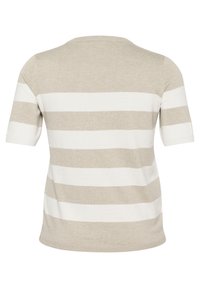 Beige en witte gestreepte korte mouwen trui, gebreide textuur, ronde hals, nauwsluitend ontwerp, casual stijl, strakke lijnen, zachte stof.
