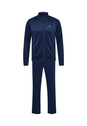 Marineblaue Trainingsanzug aus glattem, atmungsaktivem Stoff; besteht aus einer Jacke mit Reißverschluss und hohem Kragen sowie passenden geraden Hosen.