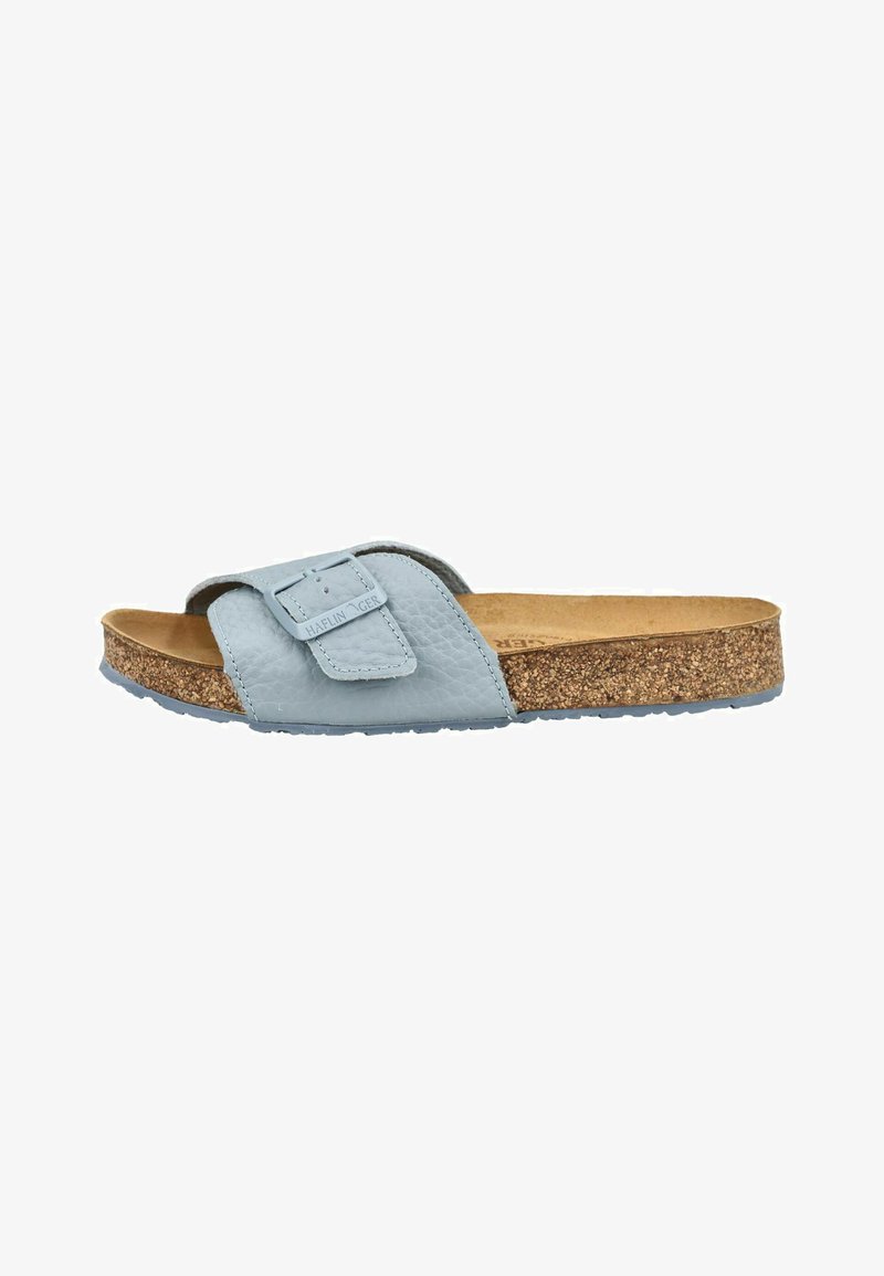 Sandale à glissière en cuir bleu clair avec sangle à boucle ajustable et semelle intérieure en liège, semelle en caoutchouc plate, design à bout ouvert.