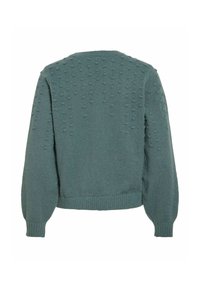 Pull tricoté bleu sarcelle foncé à manches longues avec texture en points en relief dans le dos et sur le haut des manches, poignets et bas côtelés.