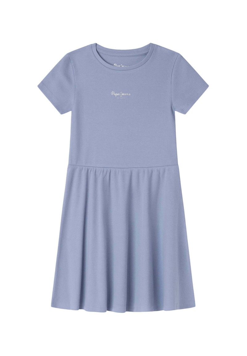 Vestido de canalé azul claro con mangas cortas, escote redondo y falda acampanada. Presenta un pequeño logo bordado en el pecho.