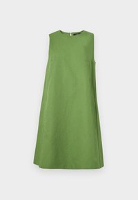 Grünes ärmelloses Kleid aus Leinen mit rundem Ausschnitt, leichtem Schimmer und Eingrifftaschen. Einfaches Design mit minimalen Hardwaredetails.
