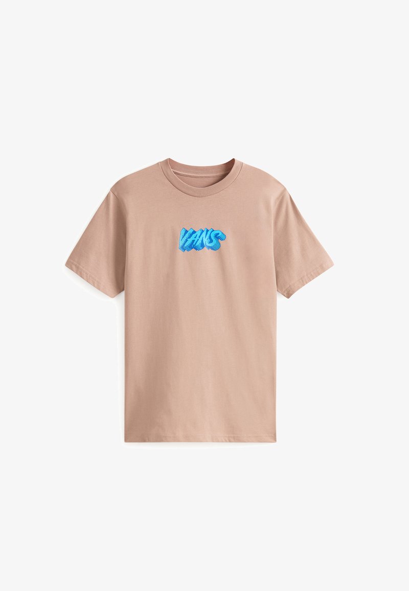 Camiseta de algodón beige claro con el logo azul de "VANS" en una fuente estilizada y texturizada en el pecho. Cuello redondo clásico y mangas cortas.