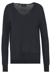 Czarny sweter z długim rękawem i dekoltem w serek, z prążkowanym wykończeniem na dole. Wykonany z lekkiego, teksturowanego materiału o lekko przejrzystym wyglądzie.