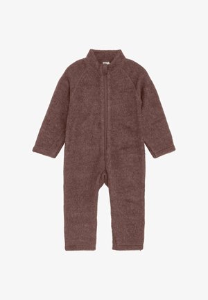 Brauner Fleece-Overall mit hohem Kragen, langen Ärmeln und einem Reißverschluss vorne. Verfügt über flache Nähte und gerippte Bündchen mit einer weichen Textur.