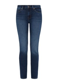 Dunkelblaue Skinny-Jeans aus Denim, mit Taschen, einem Reißverschluss und dezenten Ausbleichungen an den Oberschenkeln.