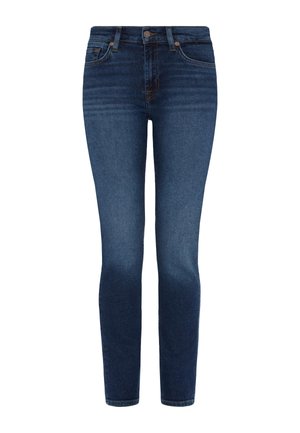 Jeans skinny bleu foncé en denim, dotés de poches, d'une fermeture éclair et d'un léger délavage sur les cuisses.