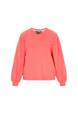 Korallkrāsas džemperis ar garām puffed piedurknēm, apaļu kakla izgriezumu un ribotu apakšmalu. Izgatavots no mīksta auduma, ar savilktiem detaļām plecos.