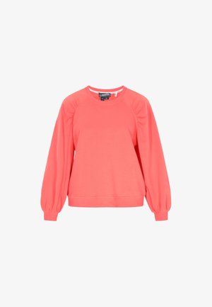 Korallkrāsas džemperis ar garām puffed piedurknēm, apaļu kakla izgriezumu un ribotu apakšmalu. Izgatavots no mīksta auduma, ar savilktiem detaļām plecos.