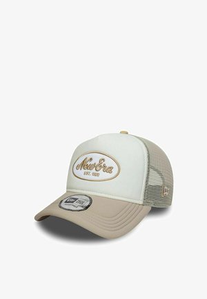Cream and beige New Era adjustable trucker cap with mesh back and embroidered "New Era EST. 1920" logo on front panel.