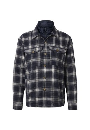 Tumši zils un balts pārbaudīts pogām aiztaisāms jaciņa ar divām krūšu kabatām un iekšēju tumši zilu rāvējslēdzēja apkakles slāni.