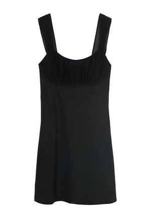 Musta hihaton paita, jossa on kerätty kaula-aukko. Valmistettu pehmeästä kankaasta, siinä on leveät hihnat ja rento istuvuus suoran helman kanssa.