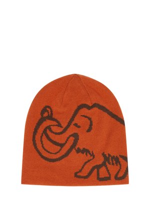 Orange knit beanie hat featuring a large dark brown woolly mammoth graphic on one side.