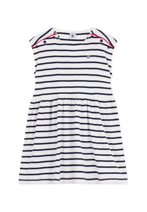 Abito senza maniche per bambini a righe bianche e blu navy con dettagli a bottoni sulle spalle e un piccolo logo rotondo sul petto.