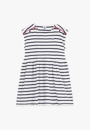 Weiß und marineblau gestreift, ärmelloses Kleider für Kleinkinder mit Knopfdetails an den Schultern und einem kleinen runden Logo auf der Brust.
