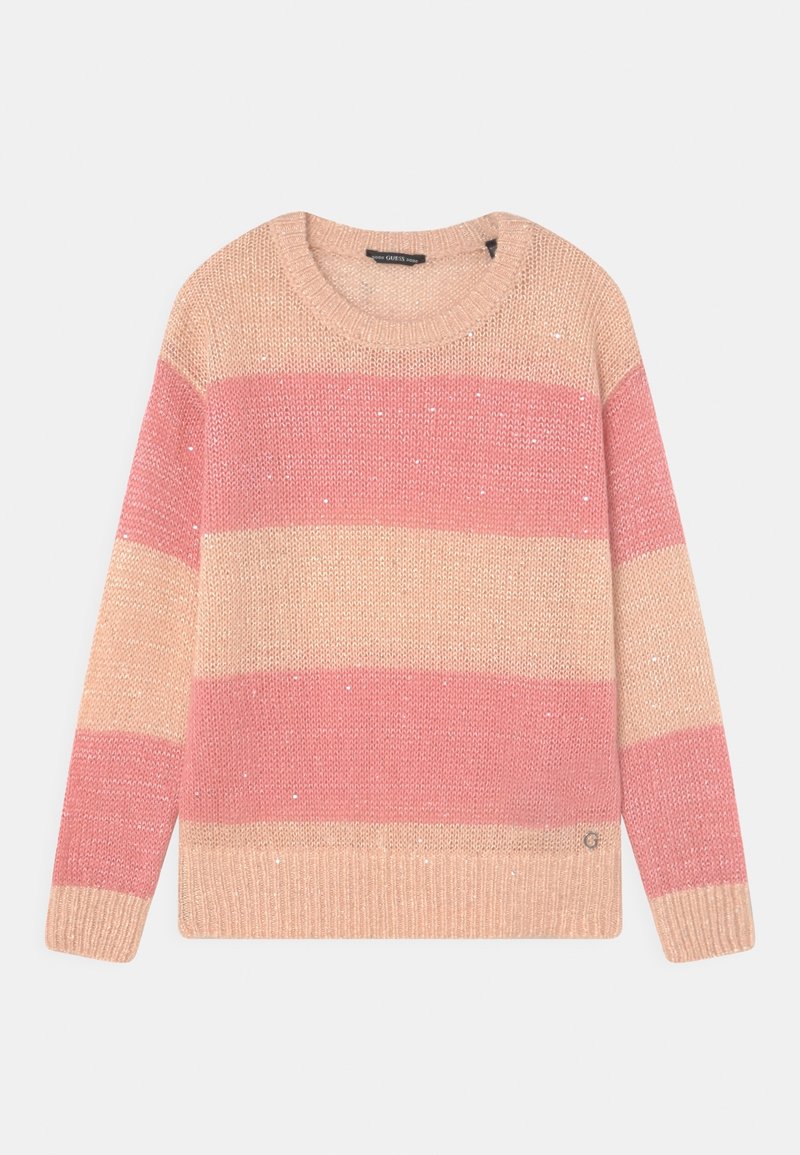 Sweter w paski w delikatnych odcieniach różu i beżu, z okrągłym dekoltem, długimi rękawami oraz teksturowanym splotem z subtelnymi detalami połysku.