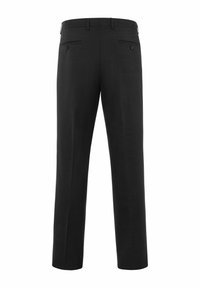 Schwarze Hose mit geradem Schnitt, aus einem leichten Stoff. Verfügt über zwei Gesäßtaschen mit Knöpfen und einer glatten Textur.