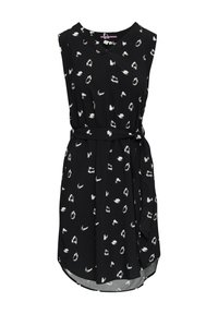 Robe noire sans manches avec imprimé léopard abstrait blanc et ceinture en tissu nouée à la taille, longueur au genou avec encolure ronde.