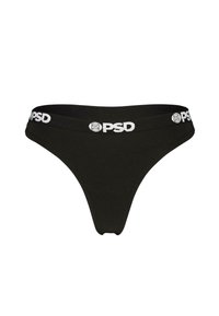 Czarne stringi z miękkiej tkaniny, z białym elastycznym pasem oznaczonym napisem "PSD". Prosty design z niskim krojem.