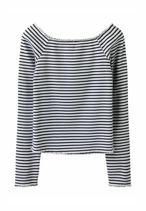 Haut à manches longues à rayures horizontales noires et blanches avec un col carré et des bords légèrement froncés aux manches et à l'ourlet.