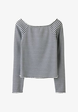 Czarno-biała bluzka z długim rękawem w poziome paski, z kwadratowym dekoltem i lekko falbankowatymi krawędziami na rękawach i dole.