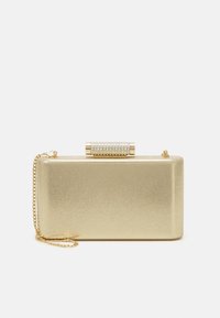 Gold metallic clutch with a rectangular shape, textured finish, and a beaded clasp. Includes a gold chain strap for versatility.