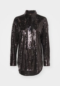 Black sequin shirt featuring a collar, long sleeves, and a slightly elongated back. Smooth texture with reflective sequins throughout.