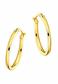 Goldene Creolen mit einem glatten, runden Design. Sie besitzen einen Scharnierverschluss und eine polierte Oberfläche, die das Licht mit einem glänzenden Finish reflektiert.