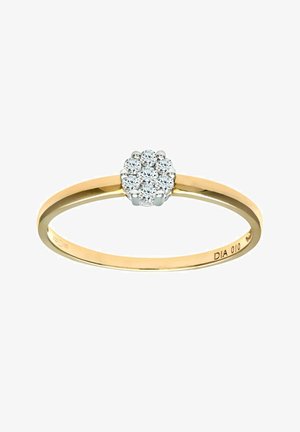 Gold ring with a slender band featuring a cluster of round, brilliant-cut diamonds set in a silver-toned base at the center.