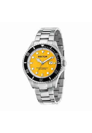 Orologio da polso in metallo argento con quadrante giallo, lunetta nera girevole, finestra della data alle 3 e resistenza all'acqua fino a 100 metri.