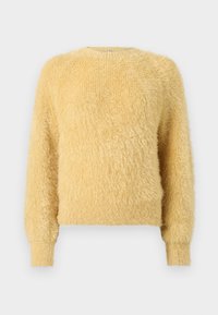 Zachte, pluizige gele sweater met lange mouwen, ribgebreide boorden en zoom, met een ronde hals en een luxe, gestructureerde breiwerk.