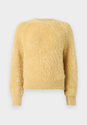Pull doux et moelleux à manches longues jaune, avec des poignets et un ourlet côtelés, présentant un col rond et un tricot texturé et pelucheux.