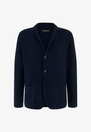 Blazer lavorato a maglia blu navy con due tasche applicate frontali, due bottoni e colletto con risvolto a lancia.