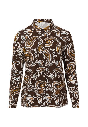 Braunes Langarm-Hemd mit Knöpfen, verziert mit weißen, gelben und hellblauen Paisley- und Blumenmustern, ausgestattet mit einem klassischen Kragen.
