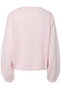 Light pink soft knit sweater with long balloon sleeves and ribbed cuffs and hem, shown from the back on a white background.