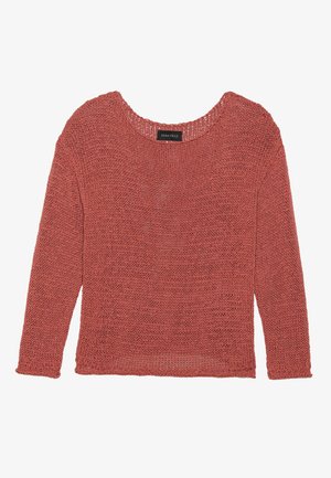 Pulover od pletenine u rust boji s okruglim izrezom, dugim rukavima i labavim uzorkom tkanja. Lagani i ležerni dizajn.